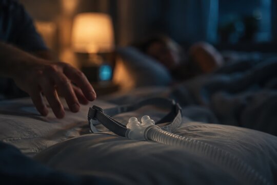 A hand reaches toward a CPAP mask and hose resting on a bed beside a person lying down. A bedside lamp is on in the dim bedroom at night