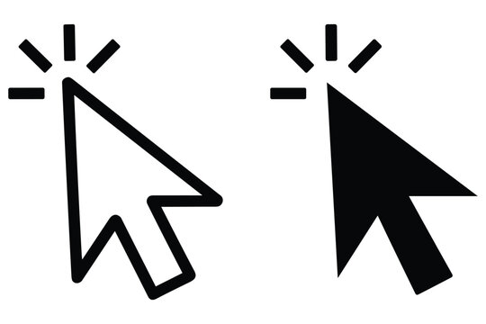 Outline and solid black computer mouse cursor icons with animated click effect for web and app design