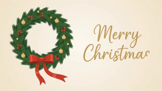 Christmas Wreath with Red Bow and Merry Christmas Typography Animation