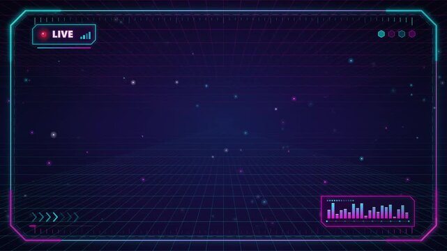 Futuristic live stream overlay with glowing neon grid and cyber interface elements for gaming videos