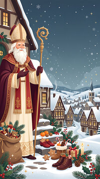 Saint Nicholas standing with gifts in snowy village during winter