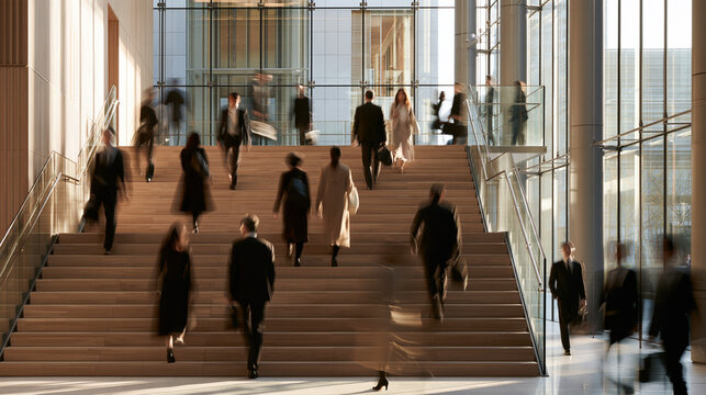 Diverse professional team descending a wide staircase