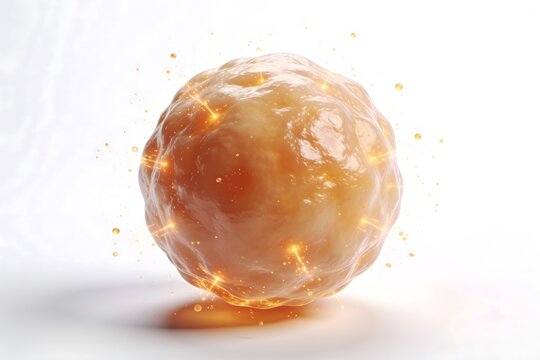 A smooth glossy abstract fat cell sphere releases glowing golden orange energy particles outward symbolizing metabolism and energy conversion