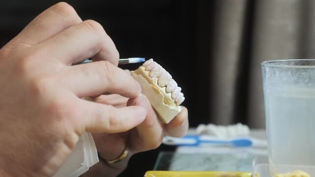 Dental crown aesthetic detailing with fine brush, technician applying porcelain to artificial front teeth on plaster model to refine contours for lifelike restorative dentistry.