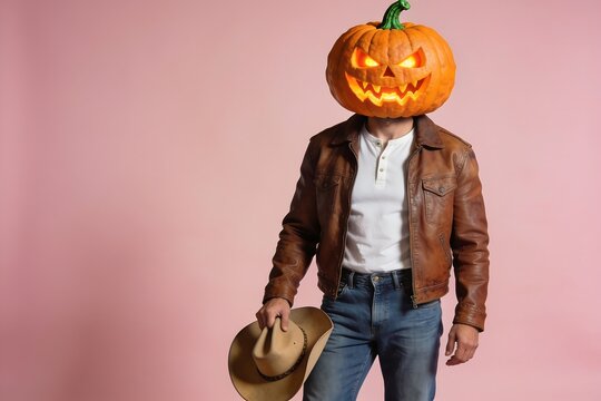 A man in a brown leather jacket and blue denim jeans with a carved glowing Halloween pumpkin head stands against a soft pastel pink studio background