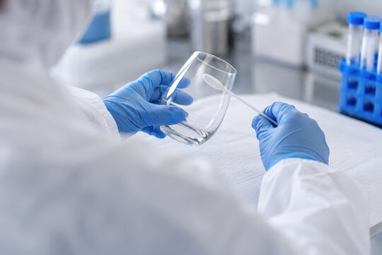 A laboratory worker in a white coat and blue gloves holds a glass beaker and a thin testing tool over a lab bench. Lab equipment and test tubes are visible in the background