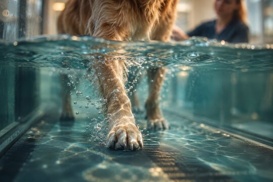 A dog's front paws step through water in a glass-sided pool during rehabilitation. A person stands behind the dog in an indoor treatment area