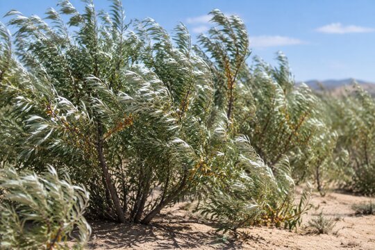 Oleaster shrubs with silvery leaves growing in sandy, arid soil.