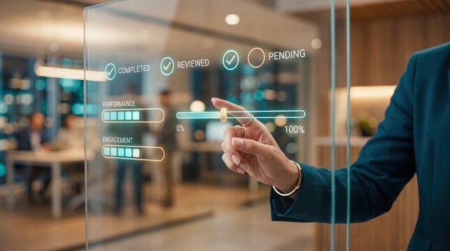 Businesswoman interacting with futuristic transparent glass touch screen interface displaying performance metrics, engagement levels, and workflow status in a modern corporate