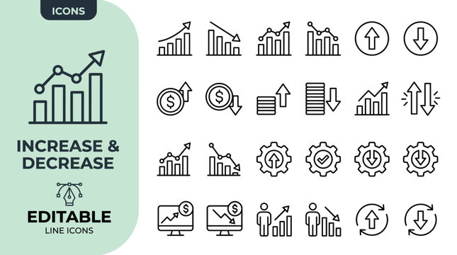 Increase and Decrease Line Icons Set: Editable Stroke Vector Growth, Decline, Arrow, Chart, Statistics, Finance and Business Performance Symbols for Web, App and Presentation Design