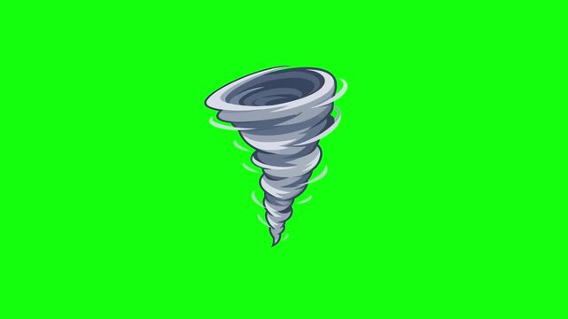 Tornado storm animated natural disaster and extreme weather concept with grey whirlwind spinning fast in 4k on green screen background.