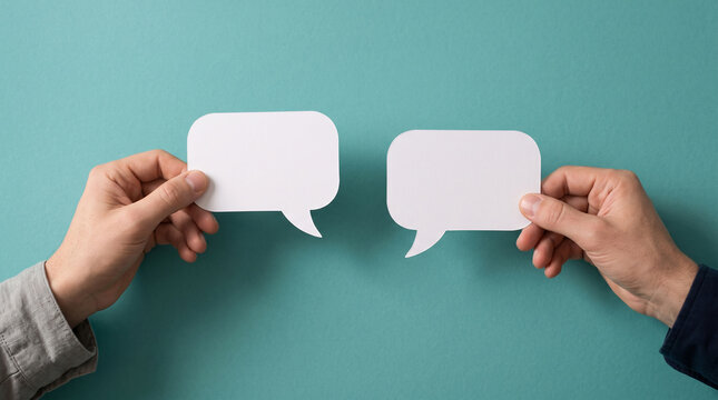 Human hands holding two blank white speech bubble, deep teal background, clean modern advertising aesthetic. Communication concept. Mock-up. Close-up.