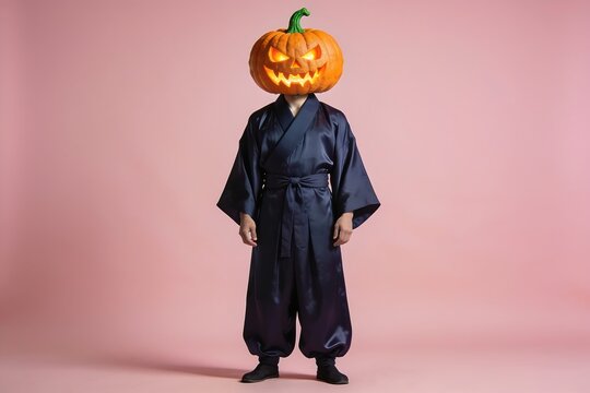 A man in a flowing navy silk Hanfu robe with a carved glowing Halloween pumpkin head stands calmly against a soft pastel pink studio background