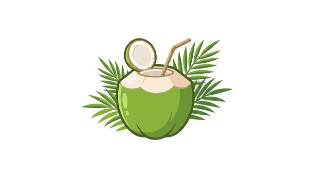 Fresh green coconut drink with a straw and palm leaves isolated on a white background, summer tropical cocktail vector illustration