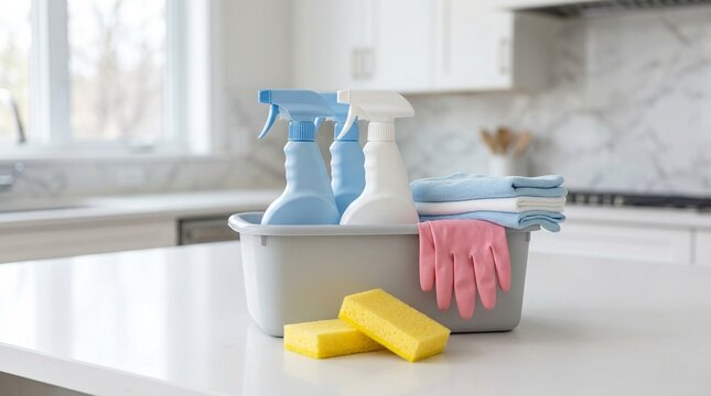 Cleaning supplies in a plastic caddy on a white kitchen counter