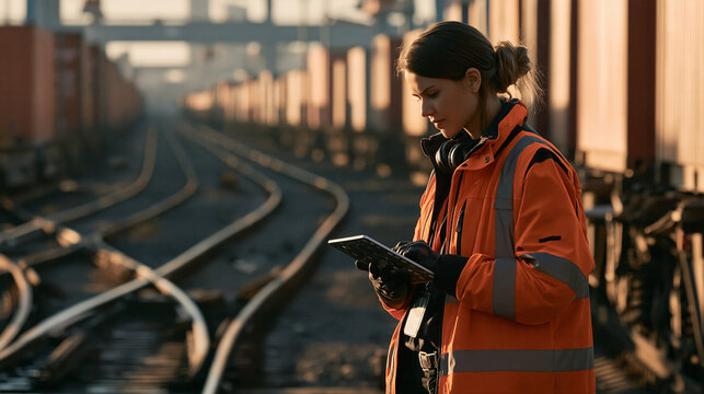 Female railway freight dispatcher standing beside long freight trains