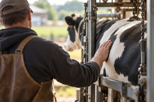 A farm worker in a cap and bib overalls rests a hand on a black and white dairy cow in a milking stall. Daylight enters the farm building, with pasture visible outside