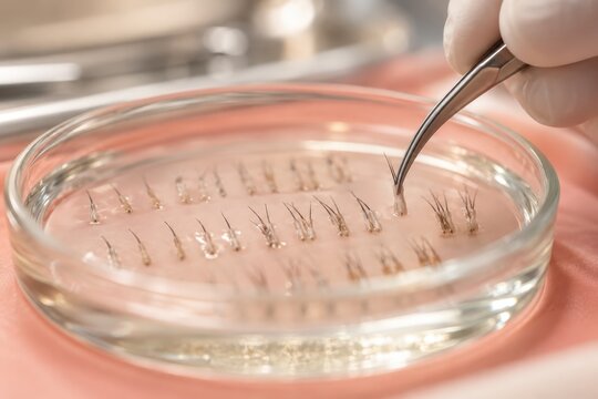 A gloved hand uses tweezers to arrange hair grafts in a glass petri dish. The work takes place on a laboratory bench under bright indoor lighting