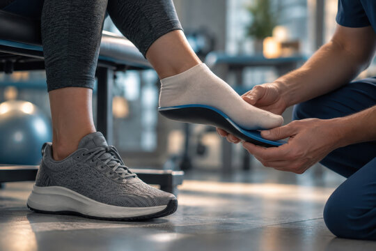 A practitioner kneels beside a seated person and fits an orthotic insole under a socked foot. The other foot wears a gray athletic shoe in a clinic room