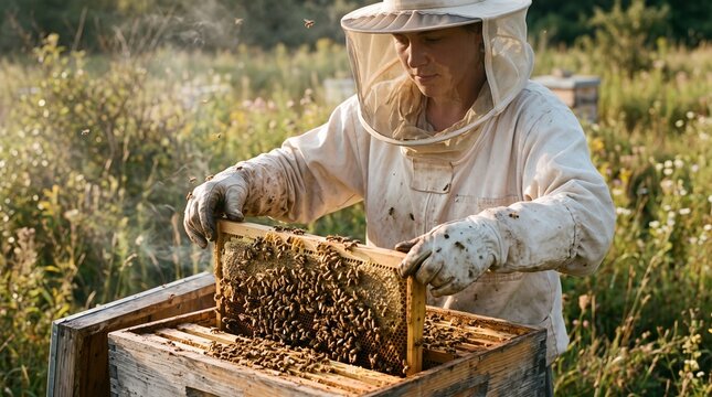 Beekeeper in protective suit inspecting honeycomb frame in a sunny apiary