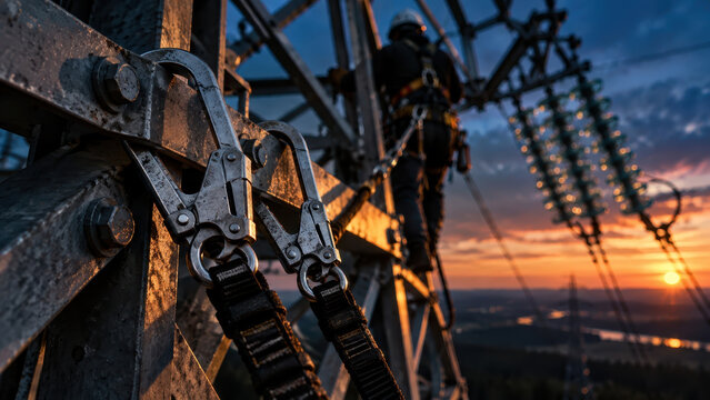 A worker in a safety harness climbs a steel structure at sunset, with clipped lanyards in the foreground and an orange sky behind the frame