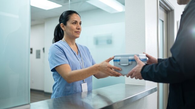 Clinic coordinator accepts medicine tote from courier