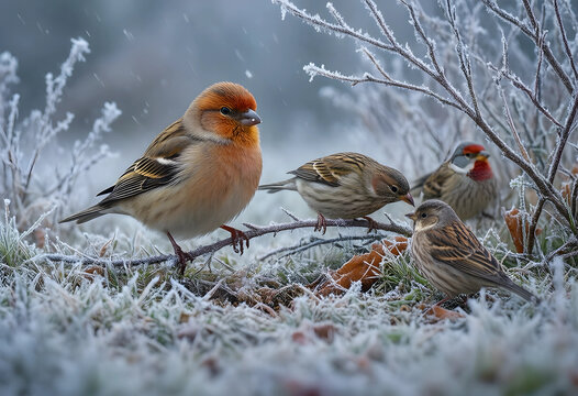 Winter survival and wildlife resilience, common linnets foraging for food in a frozen landscape during a cold snowy day in the natural environment