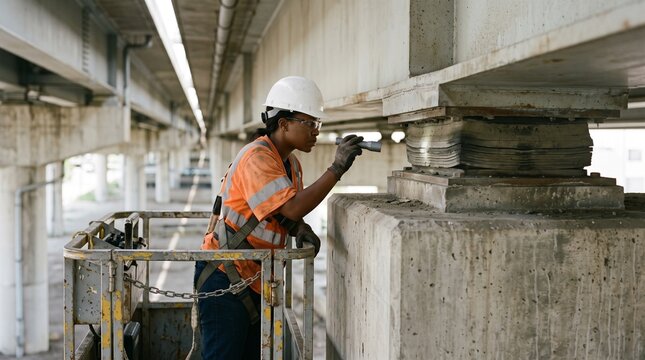 Engineer inspects elastomeric bearing beneath overpass