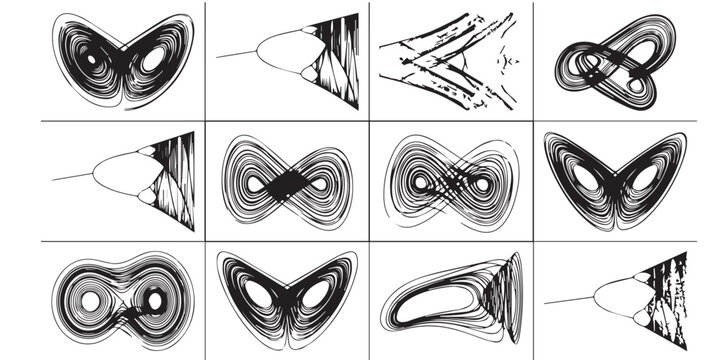 Set of black chaotic attractors and bifurcation diagrams on white grid background. Collection of mathematical chaos theory plots in a grid layout.
