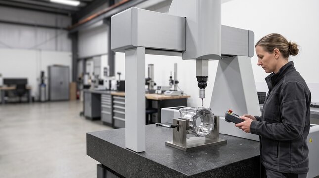 Engineer inspects machined housing on coordinate machine