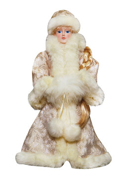 Snow Maiden Christmas doll in fur costume isolated on white background