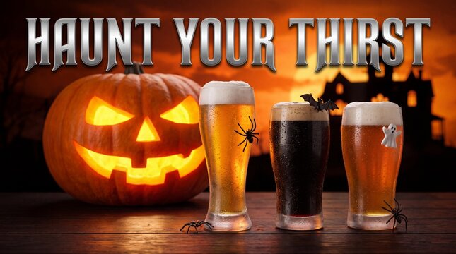 Haunt your thirst with beer glasses and glowing jack o lantern at