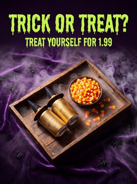 Trick or treat candy corn and witch hats on wooden tray with smoke