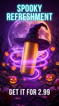 Spooky Refreshment drink can with witch hat and pumpkins on full moon