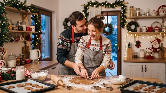 Happy young couple affectionately baking gingerbread cookies together in a festive decorated kitchen for Christmas.