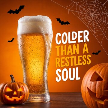 Beer glass with Colder Than A Restless Soul text and carved pumpkins