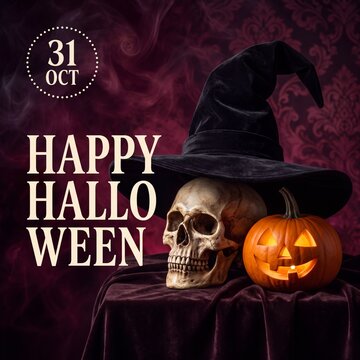 Happy Halloween text with witch hat skull and jack o lantern on table