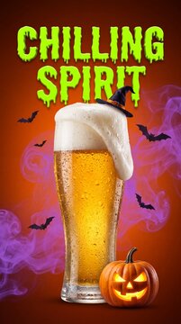 Chilling spirit text with beer glass witch hat and pumpkin on orange