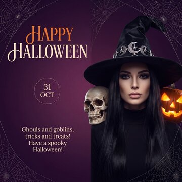 Happy Halloween witch with skull and glowing pumpkin on dark purple