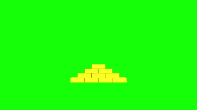 3D Gold Bars Falling and Stacking into Shiny Pyramid Concept on Green Screen Background