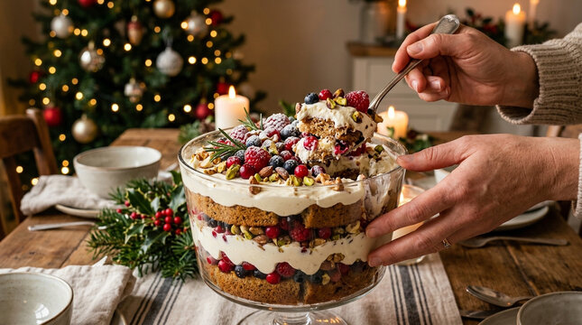 Serving a delicious Christmas berry trifle dessert with cream and nuts on a festive holiday table