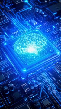 A glowing digital brain pulses on a microprocessor surrounded by blue circuit traces