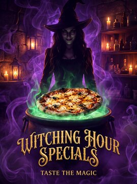 Witching hour specials pizza with spiders in cauldron inside dark