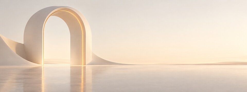 Warm ivory futuristic arch with a restrained amber glow