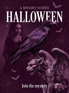 Halloween spooky soir&eacute;e poster with raven gargoyle and woman in dark