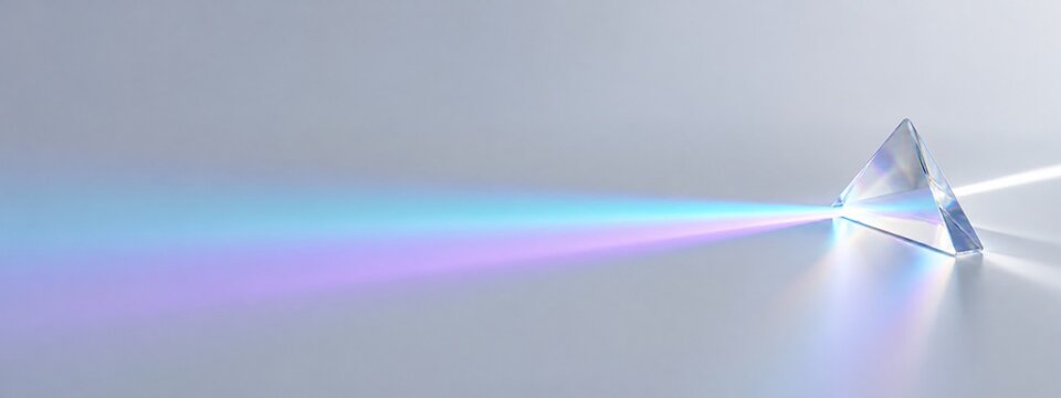 A single prism splitting light on a pale technology backdrop