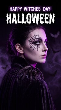 Happy Witches Day Halloween text with woman wearing spider web face