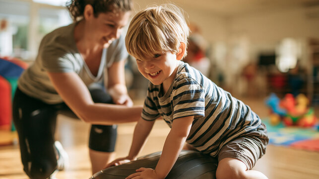 Spacious pediatric rehabilitation center with wooden flooring
