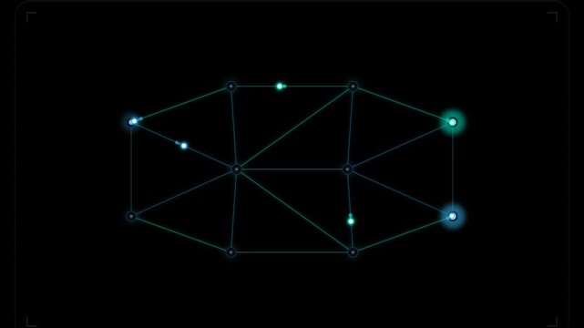 A set of hexagonal networks featuring glowing cyan data points moving through thin line connections against a solid black background. Ideal for technology and network security presentations.
