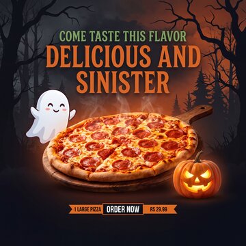 Pepperoni pizza with ghost and pumpkin for halloween promotion on